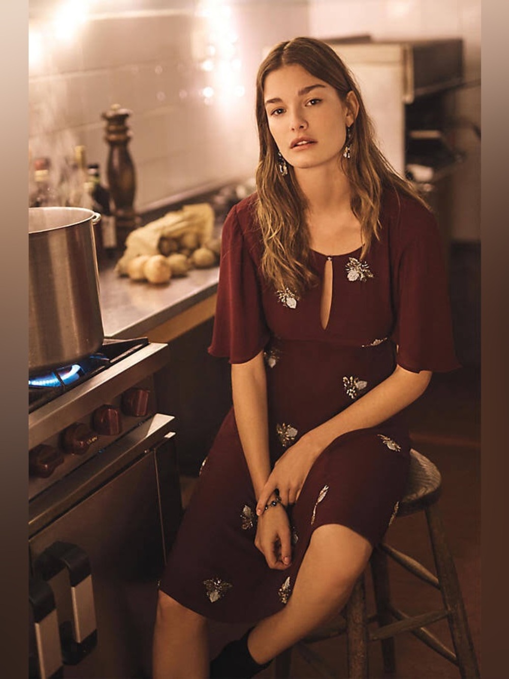 Anthropologie Moulinette Soeurs Beaded Firefly Embroidered Midi Dress  Sz 6